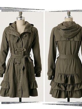 Anthropology Idra Hooded Ruffle-Hem Trench Coat - Olive